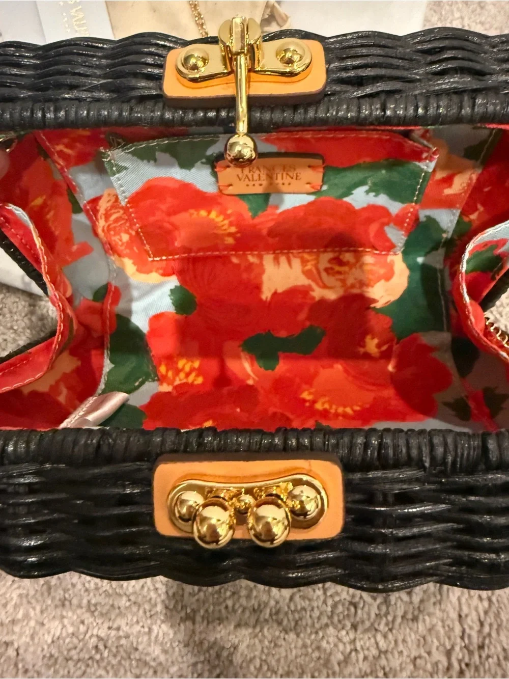 Frances Valentine Black Wicker Chain Crossbody Box Bag with Gold Hardware